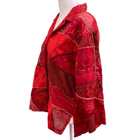 VTG Chicos Patchwork Button Up Top Womens Small Red Beaded Silk Blend Satin Boho - Picture 4 of 14